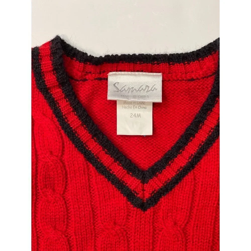 SAMARA V-Neck Pullover Sweater Vest Boy's Size 24 Months Red Navy Trim Christmas